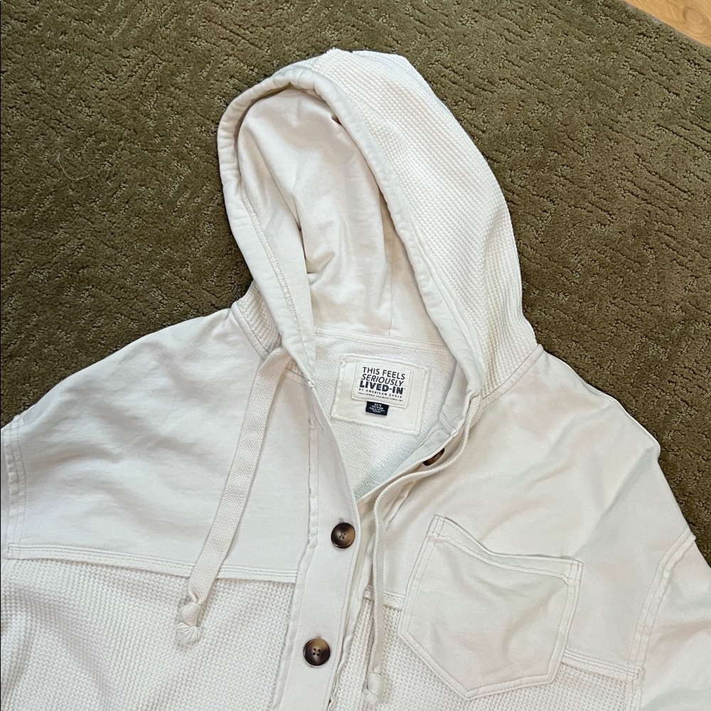 American Eagle Cream Hooded Button-Up Shirt
